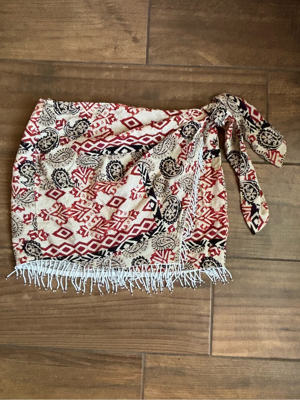 Zara Beaded Fringe Wrap Mini Skirt Red Black Paisley Print Size Medium